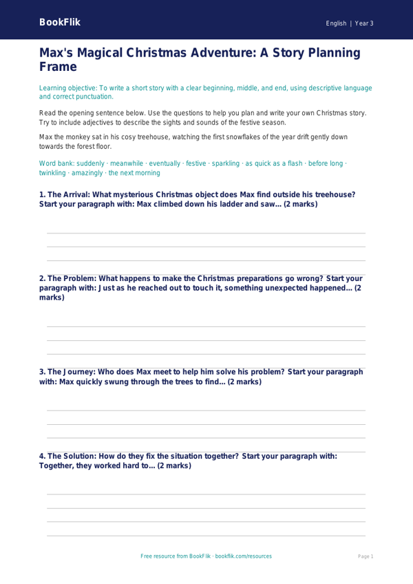 Free Christmas Story Writing Frame | Year 3 Core | BookFlik worksheet preview — English Christmas Story