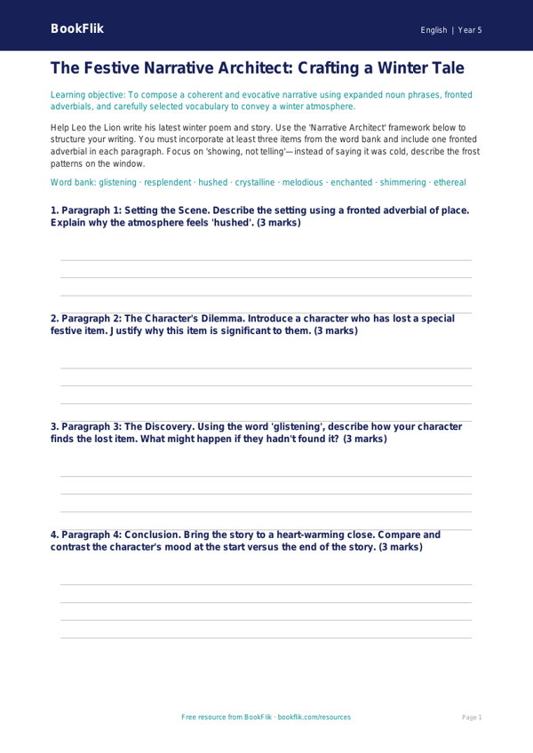 Free Christmas Story Activity Sheet | Year 5 Greater Depth | BookFlik worksheet preview — English Christmas Story