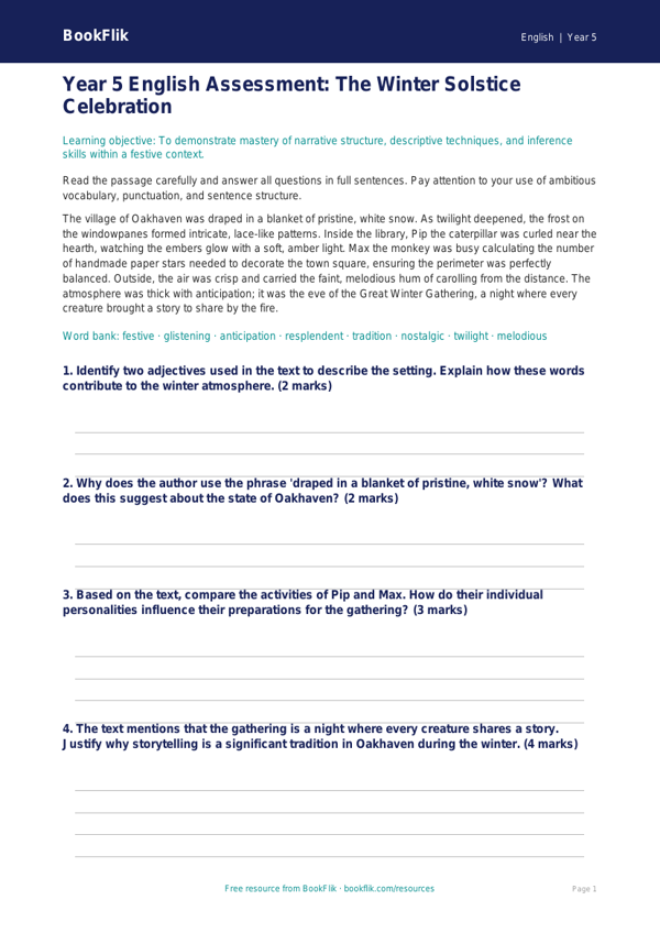 Free Christmas Story Assessment | Year 5 Greater Depth | BookFlik worksheet preview — English Christmas Story