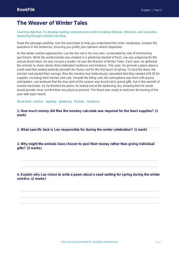 Free Christmas Story Comprehension | Year 5 Greater Depth | BookFlik worksheet preview — English Christmas Story
