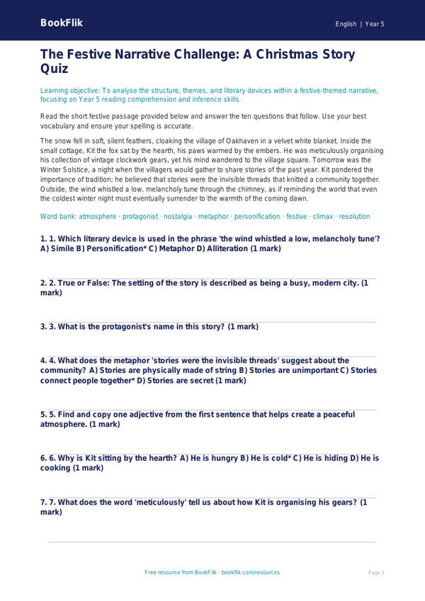 Free Christmas Story Quiz | Year 5 Greater Depth | BookFlik worksheet preview — English Christmas Story