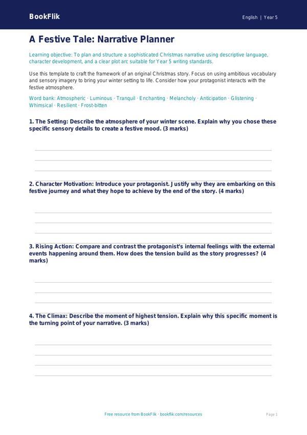 Free Christmas Story Template | Year 5 Greater Depth | BookFlik worksheet preview — English Christmas Story