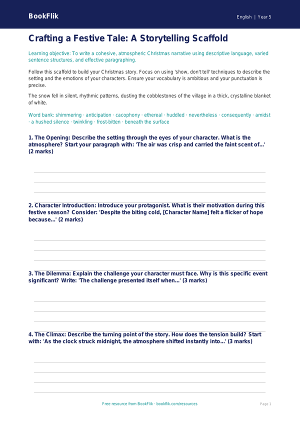 Free Christmas Story Writing Frame | Year 5 Greater Depth | BookFlik worksheet preview — English Christmas Story