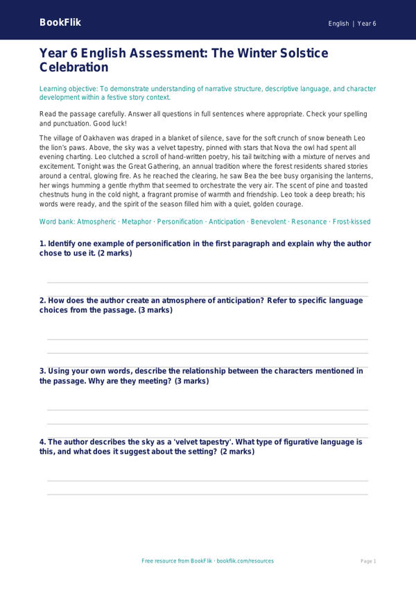 Free Christmas Story Assessment | Year 6 Core | BookFlik worksheet preview — English Christmas Story