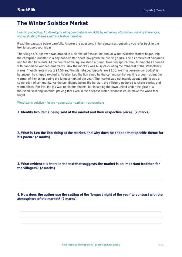 Free Christmas Story Comprehension | Year 6 Core | BookFlik worksheet preview — English Christmas Story