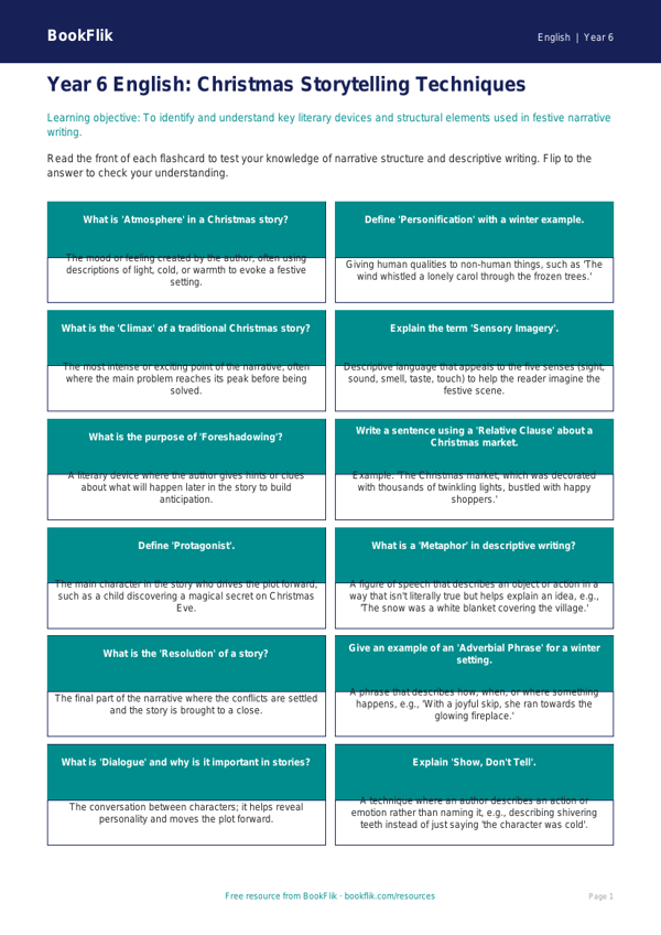 Free Christmas Story Flashcards | Year 6 Core | BookFlik worksheet preview — English Christmas Story