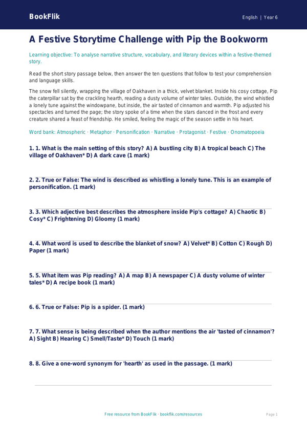 Free Christmas Story Quiz | Year 6 Core | BookFlik worksheet preview — English Christmas Story