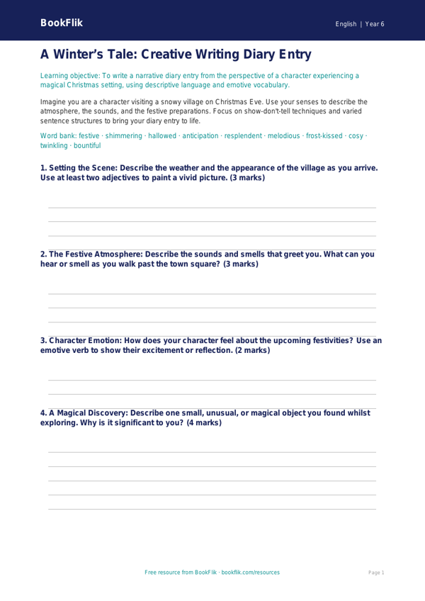 Free Christmas Story Template | Year 6 Core | BookFlik worksheet preview — English Christmas Story
