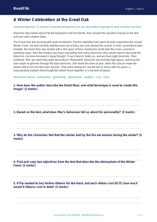 Free Christmas Story Track Sheet | Year 6 Core | BookFlik worksheet preview — English Christmas Story