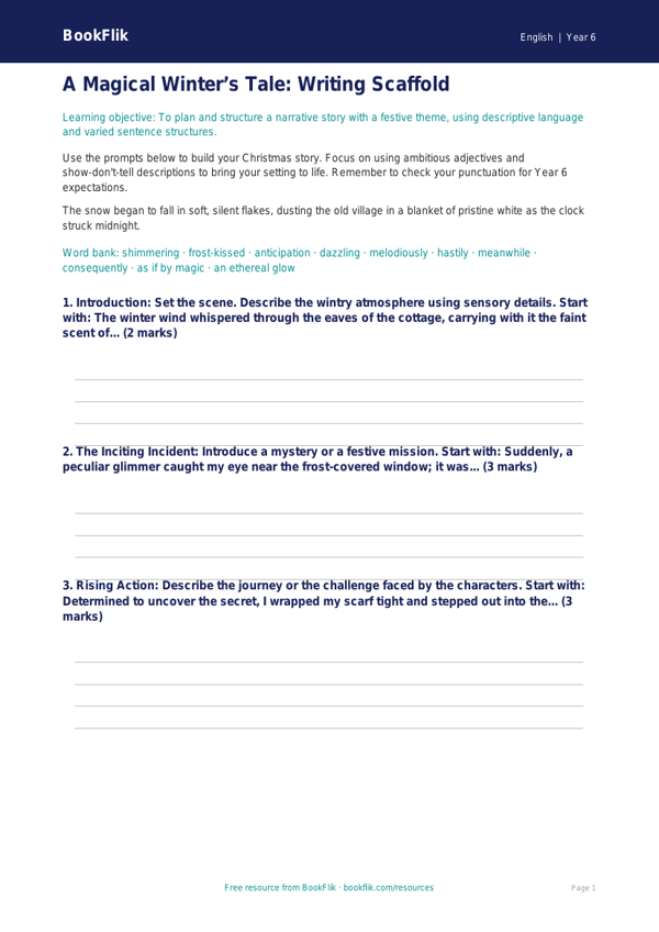 Free Christmas Story Writing Frame | Year 6 Core | BookFlik worksheet preview — English Christmas Story