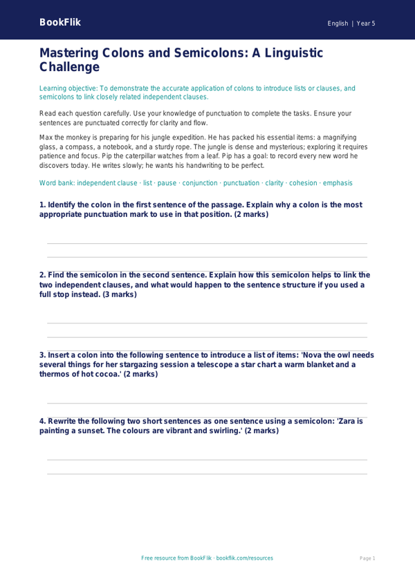 Free Colons And Semicolons Assessment | Year 5 Greater Depth | BookFlik worksheet preview — English Colons And Semicolons