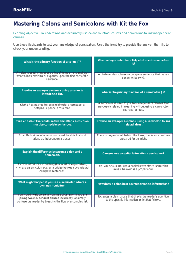 Free Colons And Semicolons Flashcards | Year 5 Greater Depth | BookFlik worksheet preview — English Colons And Semicolons
