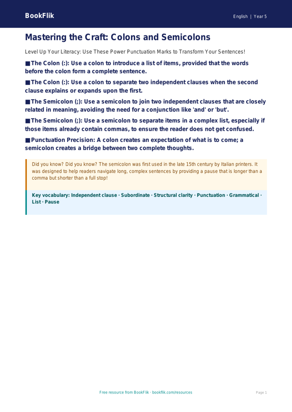 Free Colons And Semicolons Poster | Year 5 Greater Depth | BookFlik worksheet preview — English Colons And Semicolons