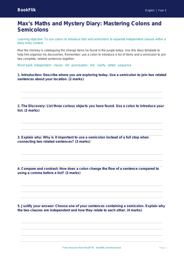 Free Colons And Semicolons Worksheet | Year 5 Greater Depth | BookFlik worksheet preview — English Colons And Semicolons