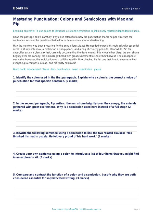 Free Colons And Semicolons Track Sheet | Year 5 Greater Depth | BookFlik worksheet preview — English Colons And Semicolons