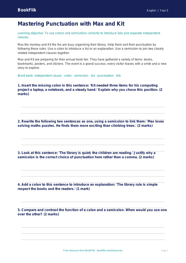 Free Colons And Semicolons Worksheet | Year 5 Greater Depth | BookFlik worksheet preview — English Colons And Semicolons
