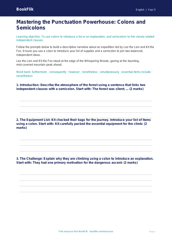 Free Colons And Semicolons Writing Frame | Year 5 Greater Depth | BookFlik worksheet preview — English Colons And Semicolons