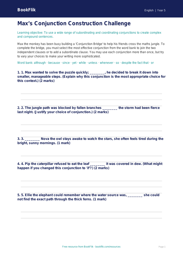 Free Conjunctions Activity Sheet | Year 5 Greater Depth | BookFlik worksheet preview — English Conjunctions