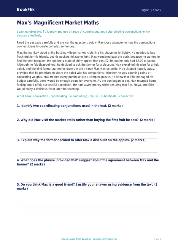 Free Conjunctions Comprehension | Year 5 Greater Depth | BookFlik worksheet preview — English Conjunctions