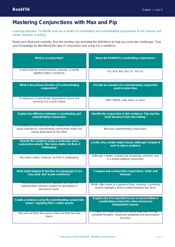 Free Conjunctions Flashcards | Year 5 Greater Depth | BookFlik worksheet preview — English Conjunctions