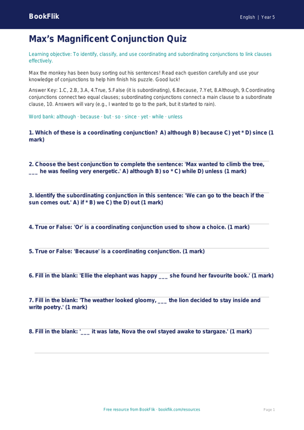Free Conjunctions Quiz | Year 5 Greater Depth | BookFlik worksheet preview — English Conjunctions