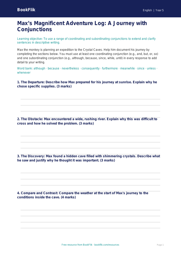 Free Conjunctions Template | Year 5 Greater Depth | BookFlik worksheet preview — English Conjunctions