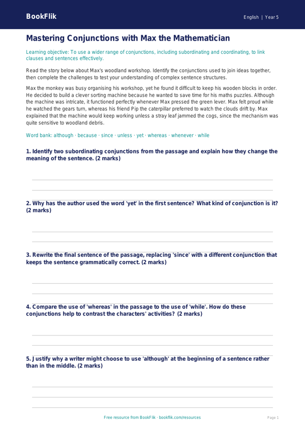 Free Conjunctions Track Sheet | Year 5 Greater Depth | BookFlik worksheet preview — English Conjunctions