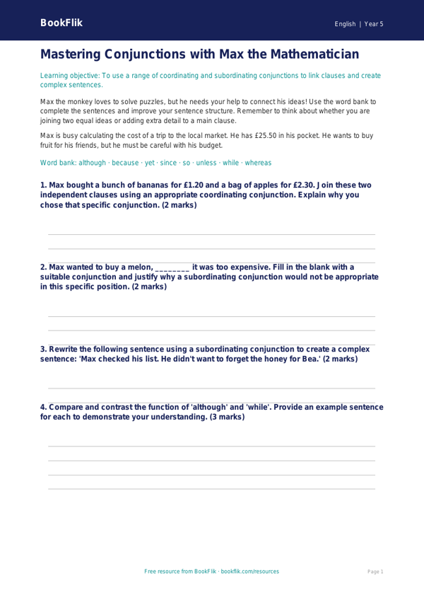 Free Conjunctions Worksheet | Year 5 Greater Depth | BookFlik worksheet preview — English Conjunctions