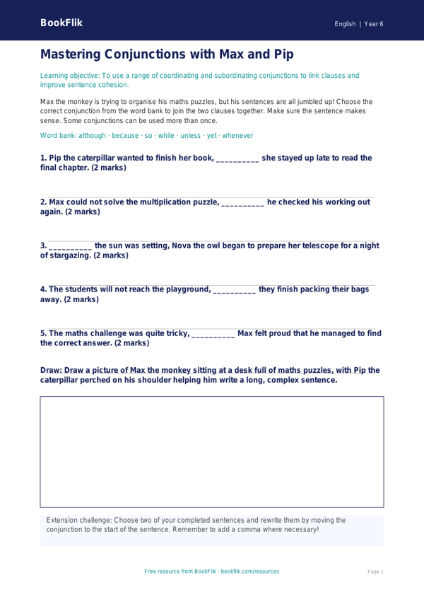 Free Conjunctions Activity Sheet | Year 6 Core | BookFlik worksheet preview — English Conjunctions