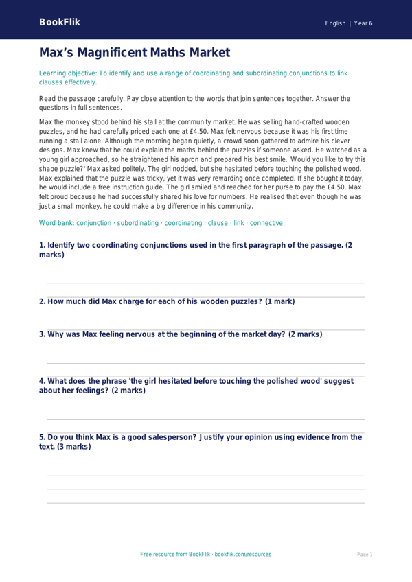 Free Conjunctions Comprehension | Year 6 Core | BookFlik worksheet preview — English Conjunctions