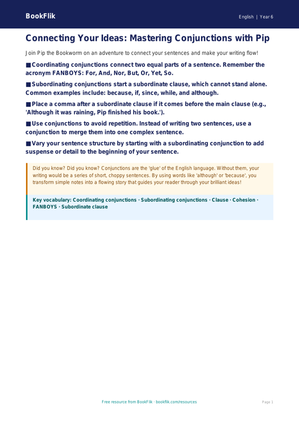 Free Conjunctions Poster | Year 6 Core | BookFlik worksheet preview — English Conjunctions