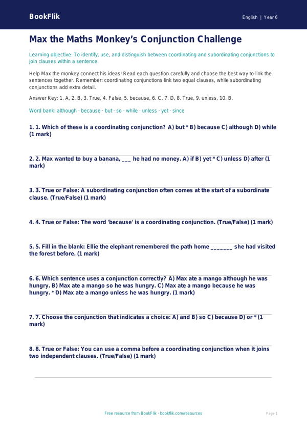 Free Conjunctions Quiz | Year 6 Core | BookFlik worksheet preview — English Conjunctions