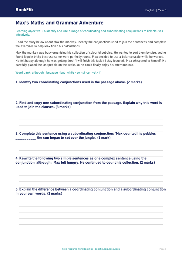 Free Conjunctions Practice Worksheet | Year 6 Grammar | BookFlik worksheet preview — English Conjunctions
