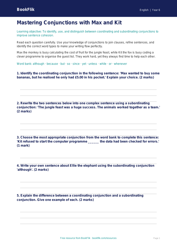 Free Conjunctions Worksheet | Year 6 Core | BookFlik worksheet preview — English Conjunctions