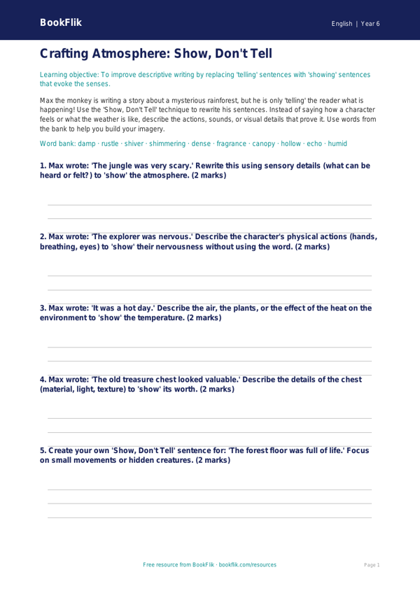 Free Creative Writing Activity Sheet | Year 6 Core | BookFlik worksheet preview — English Creative Writing