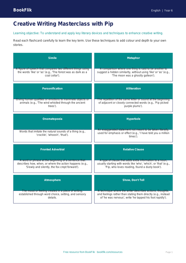 Free Creative Writing Flashcards | Year 6 Core | BookFlik worksheet preview — English Creative Writing