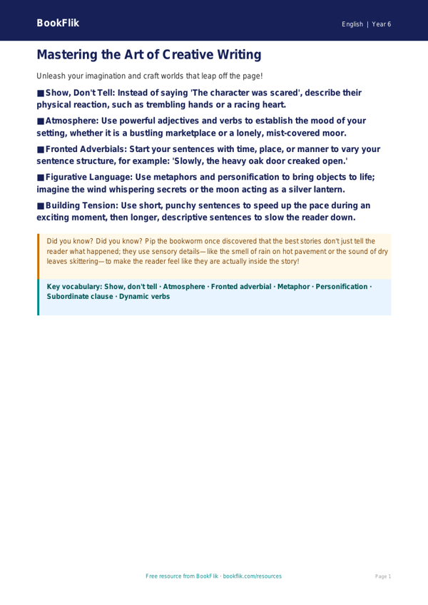 Free Creative Writing Poster | Year 6 Core | BookFlik worksheet preview — English Creative Writing