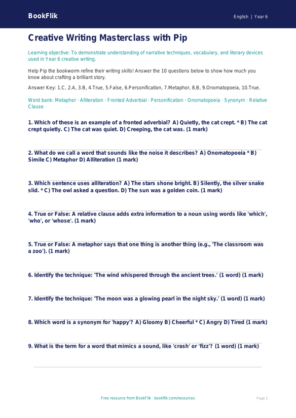 Free Creative Writing Quiz | Year 6 Core | BookFlik worksheet preview — English Creative Writing
