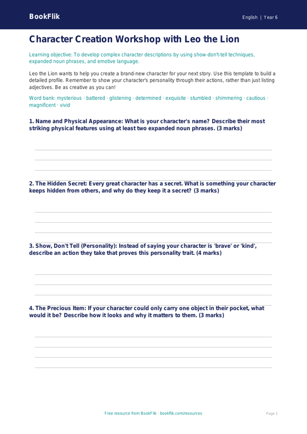 Free Creative Writing Template | Year 6 Core | BookFlik worksheet preview — English Creative Writing