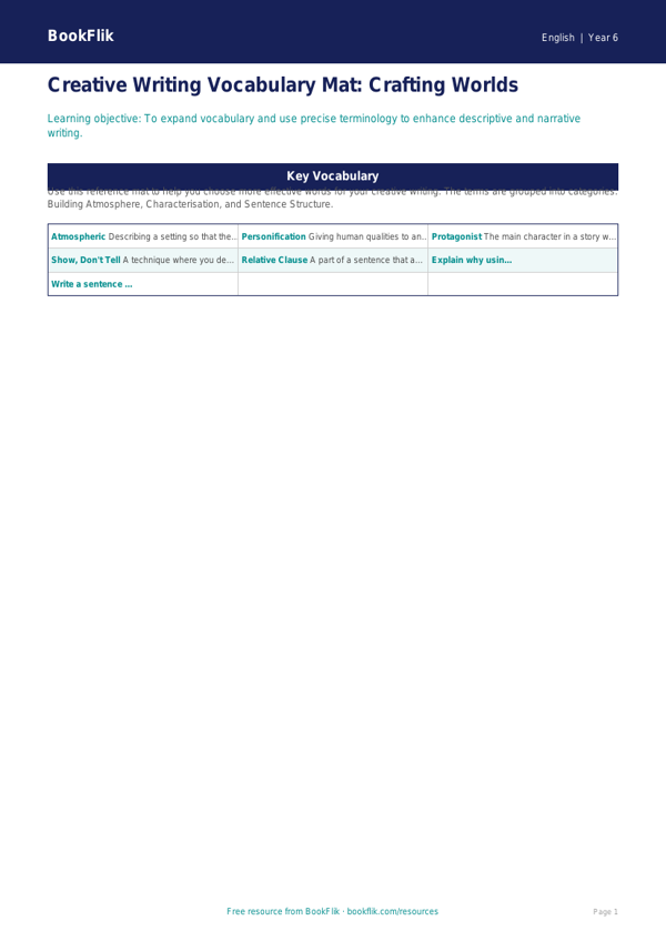 Free Creative Writing Word Mat | Year 6 Core | BookFlik worksheet preview — English Creative Writing