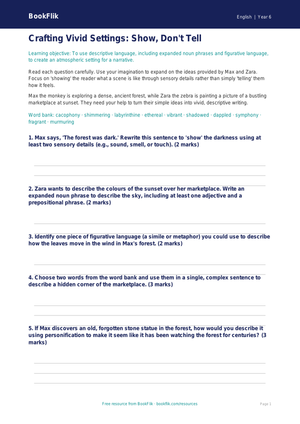 Free Creative Writing Worksheet | Year 6 Core | BookFlik worksheet preview — English Creative Writing