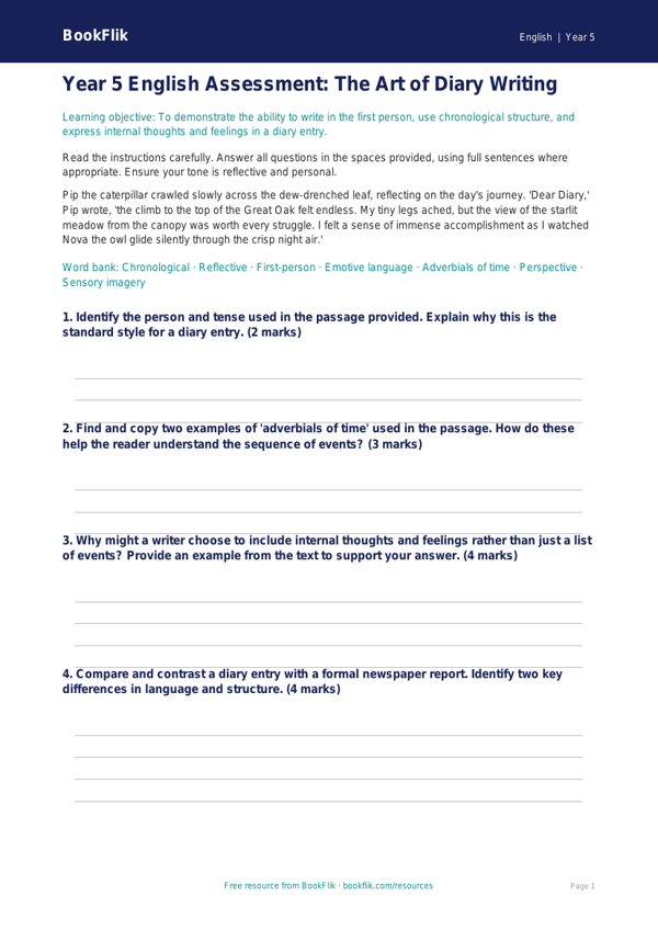 Free Diary Writing Assessment | Year 5 Greater Depth | BookFlik worksheet preview — English Diary Writing