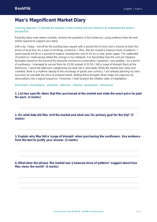 Free Diary Writing Comprehension | Year 5 Greater Depth | BookFlik worksheet preview — English Diary Writing