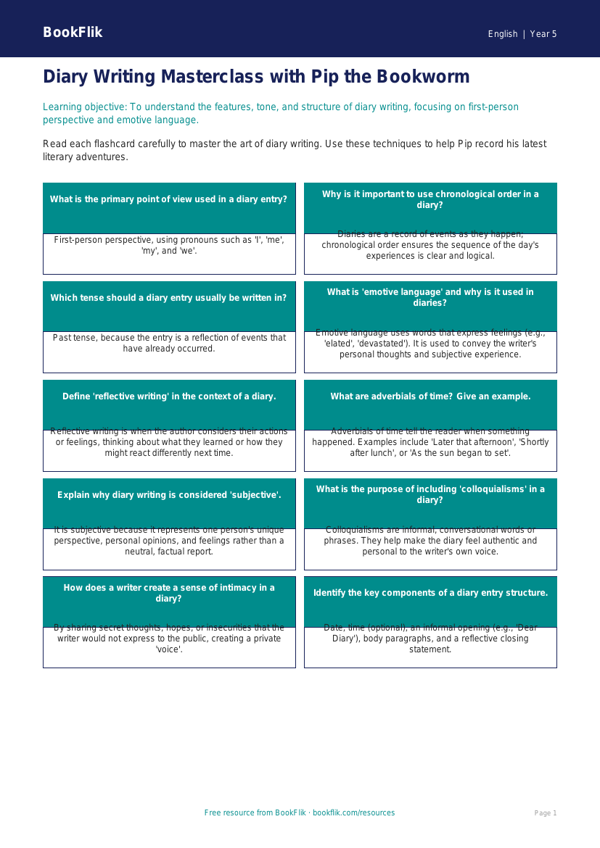 Free Diary Writing Flashcards | Year 5 Greater Depth | BookFlik worksheet preview — English Diary Writing