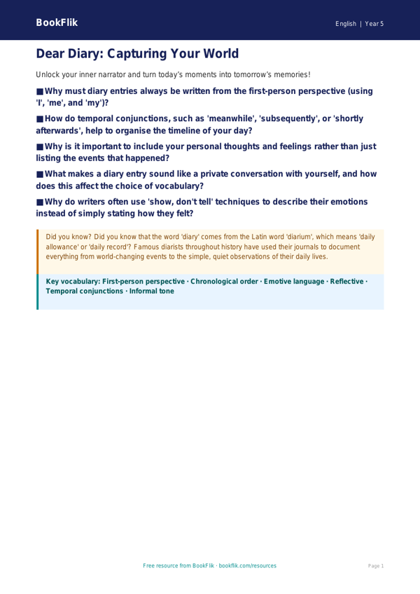 Free Diary Writing Poster | Year 5 Greater Depth | BookFlik worksheet preview — English Diary Writing