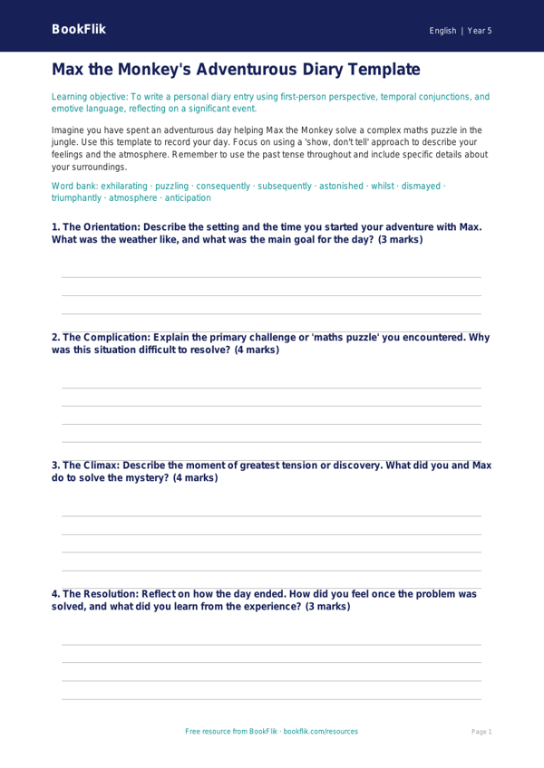 Free Diary Writing Template | Year 5 Greater Depth | BookFlik worksheet preview — English Diary Writing