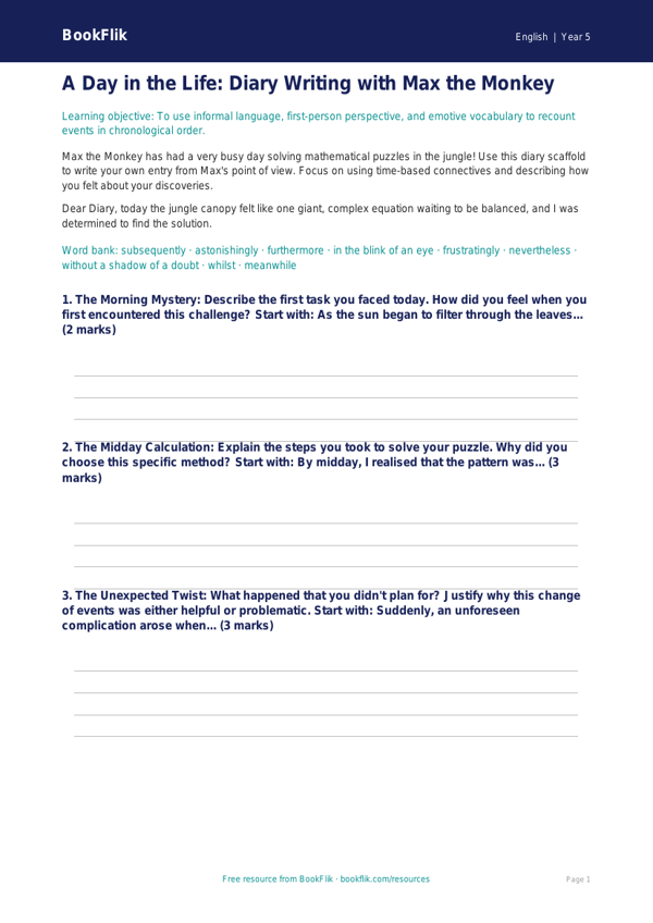 Free Diary Writing Frame | Year 5 Greater Depth | BookFlik worksheet preview — English Diary Writing