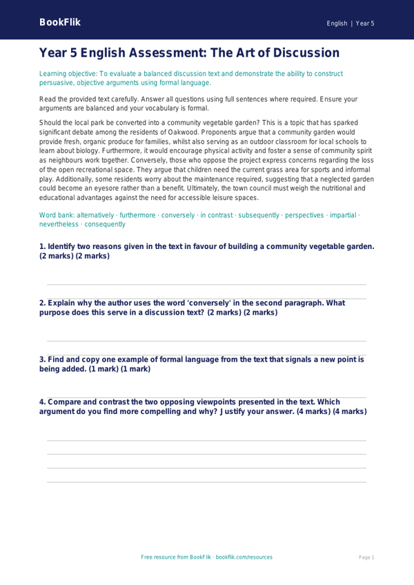Free Discussion Texts Assessment | Year 5 Greater Depth | BookFlik worksheet preview — English Discussion Texts