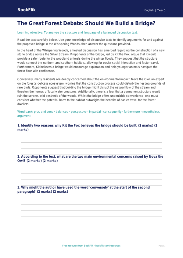 Free Discussion Texts Comprehension | Year 5 Greater Depth | BookFlik worksheet preview — English Discussion Texts