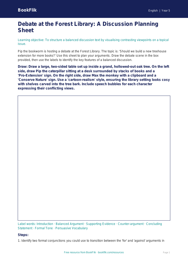Free Discussion Texts Drawing Sheet | Year 5 Greater Depth | BookFlik worksheet preview — English Discussion Texts